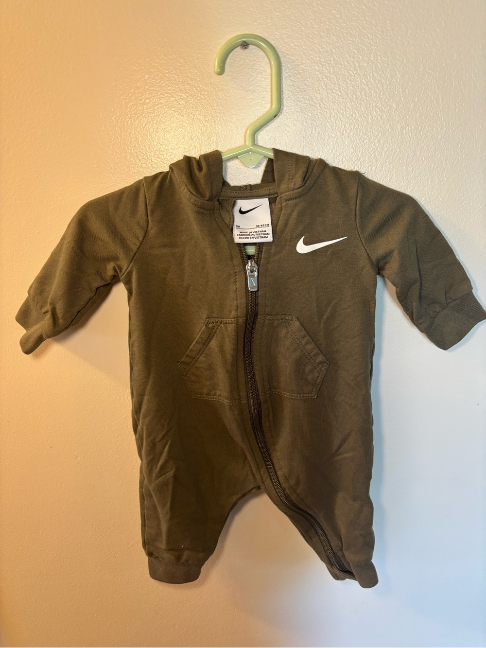 Nike Olive Hooded Baby Bodysuit with White Swoosh